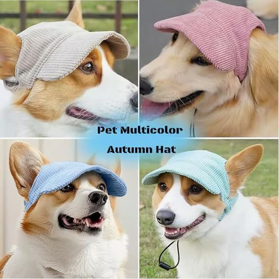 Corduroy Dog Baseball Cap, Breathable Sun Visor Hat with Ear Openings and Adjustable Chin Strap, Solid Color Outdoor Pet Hat for Small Medium Large Dogs