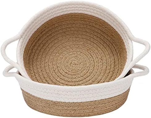 Sea Team 2-Pack Compact Woven Cotton Rope Storage Baskets, Flaxen | Knitted Decorative Organizer Bins with Handles, Portable Round Containers for Small Items, Keys, Makeup, Jewelry, Trinkets