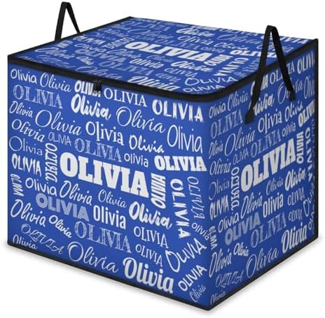 Custom Name Large Clothes Storage Organization with Lids, Kids Toys Bin Shelf Basket, Bedding Clothes Towel Navy Blue Storage Bin for Nursery, Gift Basket, Pet Basket, Full Names Printed