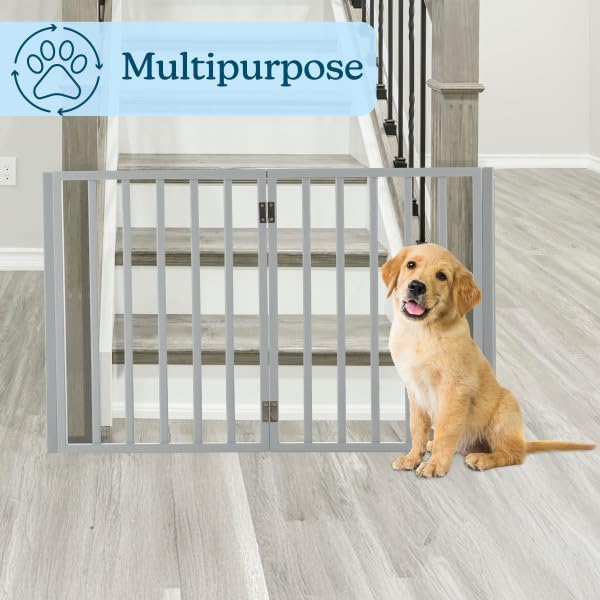 Pet Gate - 4-Panel Indoor Foldable Dog Fence for Stairs, Hallways, or Doorways - 72x24-Inch Retractable Wood Freestanding Dog Gates by PETMAKER (Gray) | Foldable Dog Fence with Accordion Design, Wooden Safety Pet Fence for Stairs, Hallways, Doorways, a...