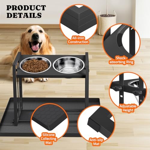 Pawtners Elevated Dog Bowl for Medium Breed, Adjustable Feeder with Mat