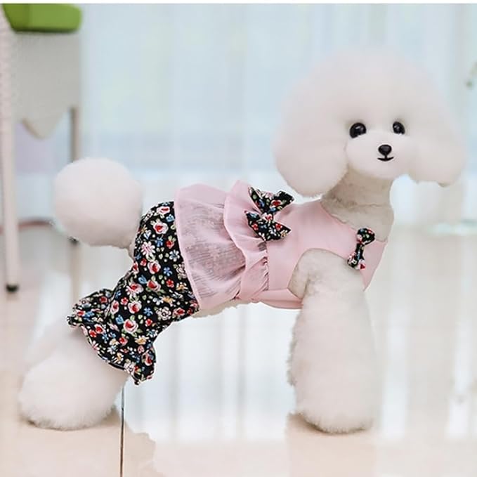 Vintage Floral Bowknot Sleeveless Romper for Small Dogs Cats Rabbits, Breathable Cotton Ruffle Flared Pants, Teacup to Small-Medium Pets for Walk Photo Vacation (Pink-Floral, X-Large)