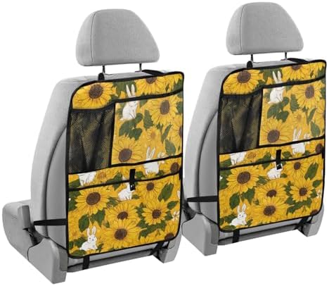 2 Pack Back Seat Car Organizer with Storage Pockets Kick Mats Back Seat Protector Hanging Car Organizer Automotive Seat Back Cover Organizers Autumn Sunflower and Cute Rabbit