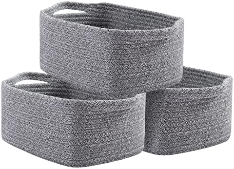 OIAHOMY 3 Pack Storage Baskets for Shelves Cotton Rope Storage Bins Grey | Woven Baskets for Storage Nursery Storage Basket with Handles Baskets for Organizing Small Baskets Gift Baskets Empty