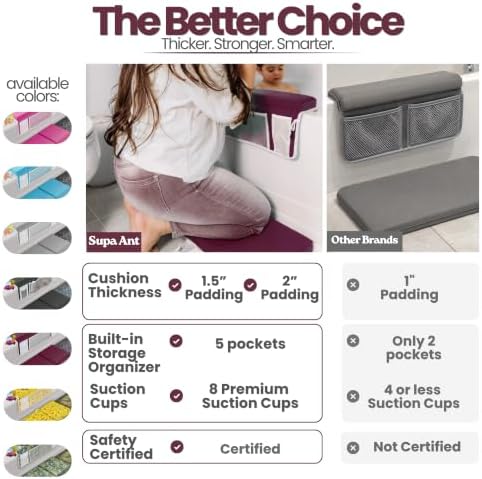 Supa Ant Bath Kneeler –8 Suction Cups & 1.5" Padding.Certified Non Toxic Bath Kneeling Pad for Bath Tub & 5 Bath Toy Organizer. Fast Dry Baby Bath Kneeler and Elbow Rest Pad Set Bordeaux
