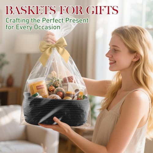 Woven Basket with Gift Bags and Ribbons, 14"X 10" X 6" Storage Basket Black | Gift Storage Organizer Basket Bin Shelf Shelves Cotton Rope Basket for Nursery, Pet Toys