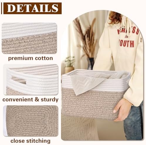 Storage Baskets for Organizing, 4 Pack Baskets for Shelves, Decorative Storage Bins for Shelves, Cotton Rope Storage Basket with Handles, Woven Basket for Storage, 13''Lx8.7''Wx7.9''H, White & Brown