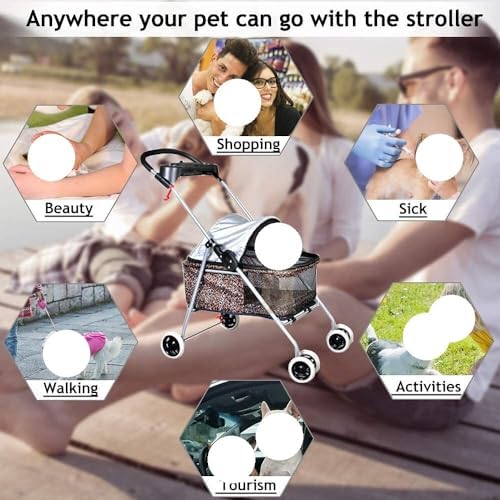 Stress Free Pet Stroller for Medium Small Dogs 4 Wheels Folding Portable Cat Dog with Cup Holders Removable Liner Easy to Carry(A)