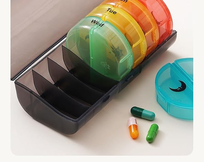 Weekly Pill Case Organizer, Twice a Day, AM PM Vitamin Reminder | Colorful 14 Compartments with Box, Portable Travel Daily Medicine Dispenser Planner for Supplement, Fish Oil, Capsule