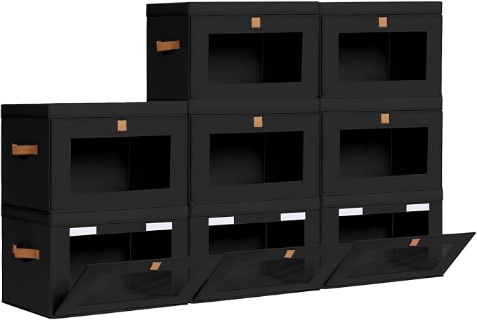 Large Closet Storage Bins - Collapsible Clothes Organizer with Handles & Window, Decorative Boxes with Lids, Linen Closet Organizers for Living Room, Dorm, 8 Pack, Black