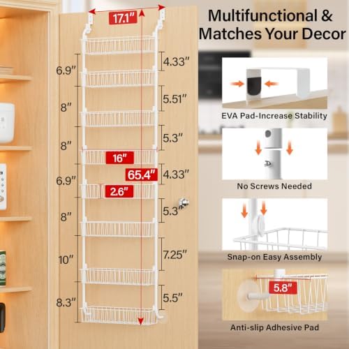 Delamu Over The Door Pantry Organizer, 8-Tier Hanging Spice Rack | Large Pantry Door Organization and Storage Seasoning Shelves, Door Organizer for Kitchen, 17.1"W x 65.4"H x 5.8"D, White