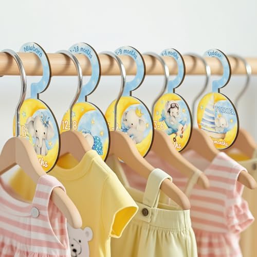Baby Clothes Dividers for Closet - Set of 8 Wooden Baby Size Closet Dividers Newborn to 24 Months, Newborn Organizer for Boys & Girls - Adorable Moon Elephant Baby Nursery Decor Kit New Parents Gifts