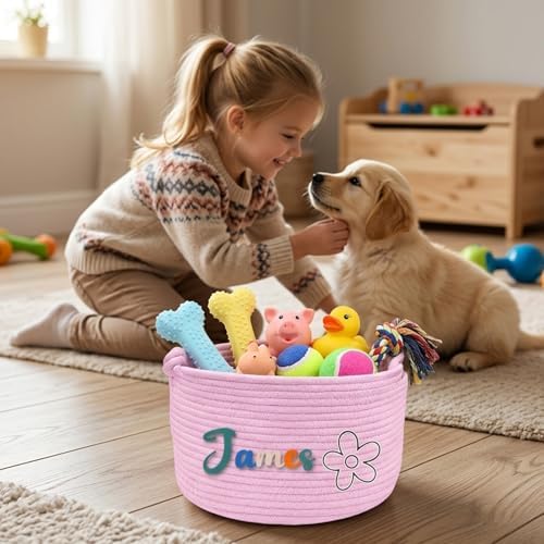 Personalized Dog Cat Basket Custom Embroidery Name Storage Bin Handmade Woven Cotton Rope Organizer for Pet Supplies Toys Blankets Clothes