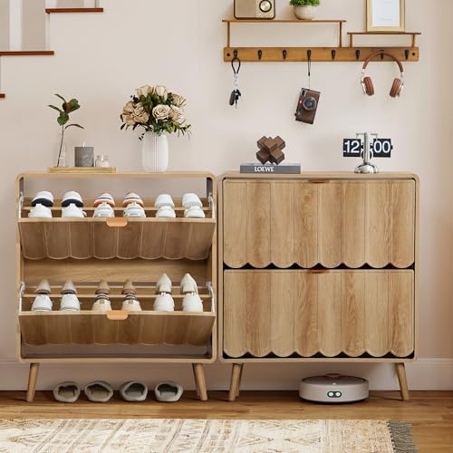 ORRD Shoe Storage Cabinet for Entryway with 2 Flip Drawers Set of 2, Freestanding Narrow Wood Shoe Cabinet with Wave Panel, Hidden Shoe Organizer for Foyer, Hallway (Natural)