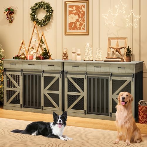 kepptory 48 Inch Large Dog Crate Furniture with 3 Storage Drawers, Wooden Pet Kennel with Removable Divider, Dog Kennel End Table TV Stand, Farmhouse Style Dog Crates with Sliding Barn Door(Grey)