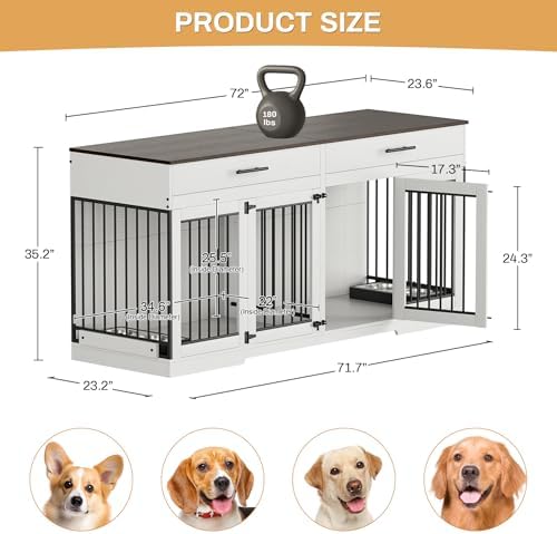 OUYESSIR Dog Crate Furniture, 72.05 Inch Large Dog Kennel with Dog Bowls & 2 Drawers, Wooden Double Dog House with Doors & Divider, Indoor Heavy Duty Dog Cage for Medium Large Dogs, White