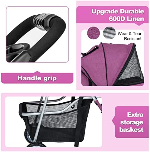 BestPet | 3-Wheel Foldable Pet Stroller | Purple | Lightweight & Portable | Travel Carrier with Mesh Windows, Storage Basket, Cup Holder, Safety Brakes, and Waterproof Fabric | For Small Dogs and Cats