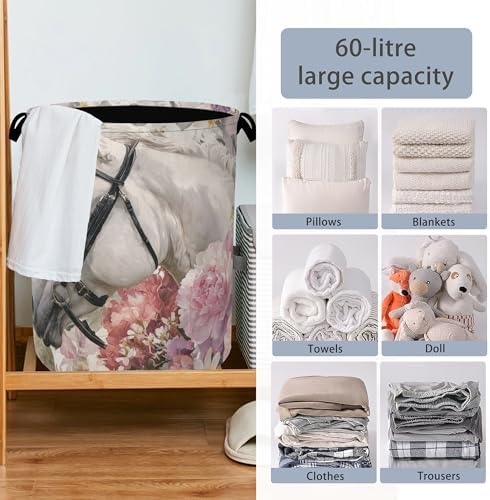 Horse Laundry Hamper,Pink Flowers Dirty Clothes Laundry Basket with Handles Waterproof Oxford Cloth Storage Basket for College Dorms Bathroom Bedroom 16" x 20.8"