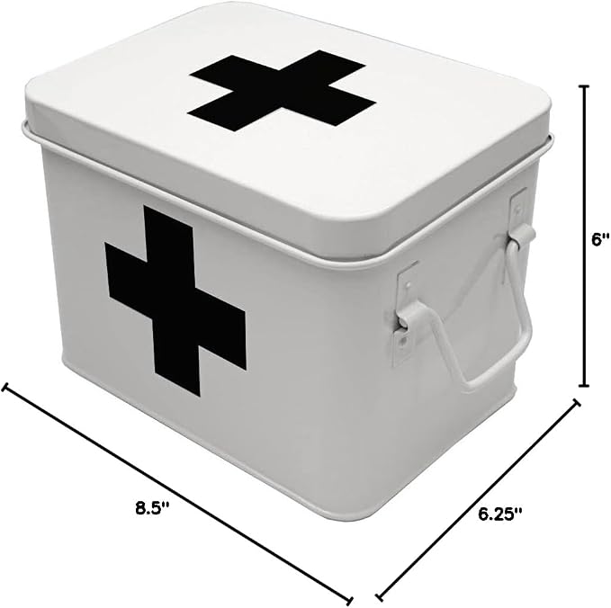 Lassos Boutique Retro Enameled First Aid Box for Medicine Storage and Home Decor with Lid and Removable Tray (White/Black)