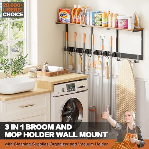 Broom Holder Wall Mount with Cleaning Supplies Organizer, Laundry Room Organization and Storage Shelves with Ironing Board Holder, Mop Hanger Broom Rack with Hooks, Home Improvement Garage Organizer
