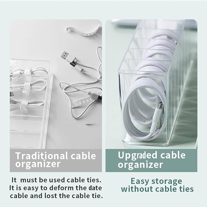 Charger Cable Cord Storage Organizer Box - Easy Storage Without Cable Ties | Stackable,with Lid,Dust-Proof,Space Saving,6 Standard Space and 1 Larger Space,for Home Office Desk Accessories Supplies