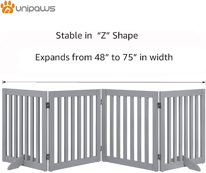 unipaws 24”H Free Standing Pet Gate for Dog Cat, 80”Wide Wooden Dog Gates | Foldable Pet Fence for Doorway, Stairs, Step, Expandable Doggy Barrier, Indoor Use