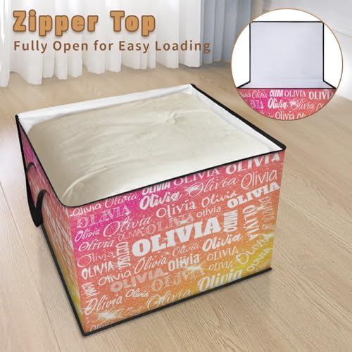 Custom Name Comforter Storage Bin with Lid, Personalized XL Storage Basket with Handles Zippers for Organizing Blankets, Bedding Closet Shelf Baskets, Orange Pink Yellow Glittering Stars