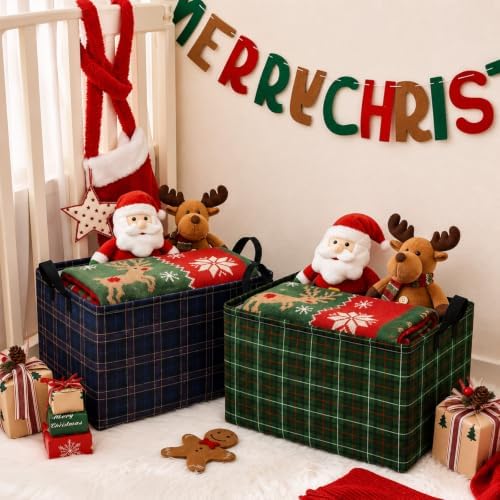 Chunful 4 Pack Christmas Tartan Plaid Storage Baskets for Gifts Collapsible Green Tartan Decorative Laundry Storage Bins Foldable Box with Handles for Home Bedroom Office Holiday Clothes Containers