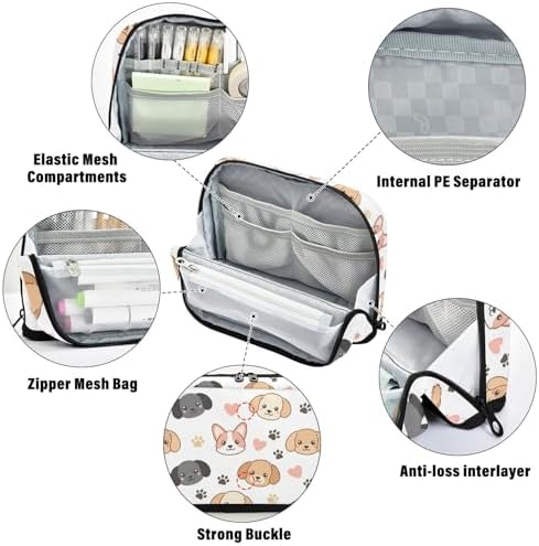 Emelivor Dogs Pets Puppies White Pattern Large Capacity Pencil Case Stand Up Pencil Pouch for School Office Aesthetic Pen Organizer Bag with Pockets Portable Makeup Pouch for Kids Adults Boys Girls