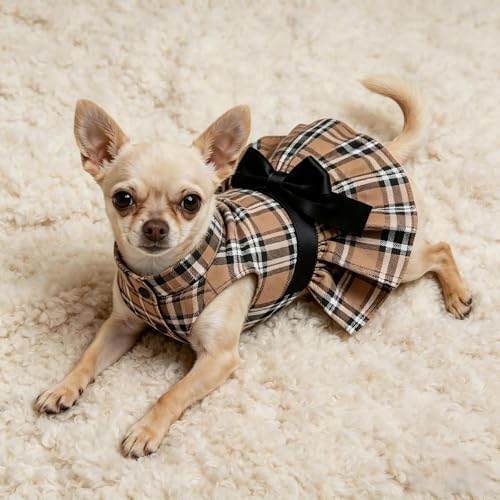 Classic Plaid Dog Dress with Bow Tie for Small Dogs Cats Girls, Cute Puppy Dresses Clothes with Bowknot Chihuahua French Bulldog Pet Apparel Outfits (Chestnut Brown, Large)