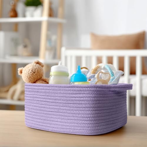 Cute Purple Gift Basket, Woven Baskets for Gifts Empty, Cotton Rope Storage Bin for Organizing, Cat Dog Toy Box, Baby Nursery Organizer, Wicker Easter Basket with Handle, Purple Room Decor