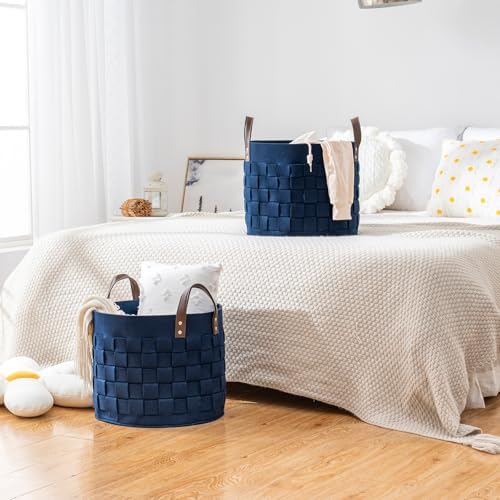 BOLDMONKEY Blankets Basket 15" x15 " x13 " 2 Pack, Felt Storage Baskets for Organizing Round, Living Room Dog Toy Bin for Dirty Clothes, Pillows, Towel-Navy Blue
