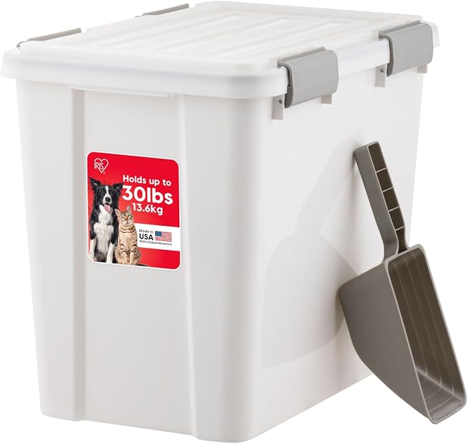 IRIS USA Dog Food Storage Container, Up to 30 lbs, White, Made in USA | Includes 2-Cup Sccop, Stacklable, BPA-Free, 4 Secure Latches, Bird Seed, Chicken Feed, Pellets, Camping
