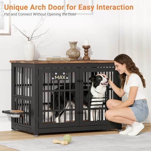 YaFiti 37.8" Dog Crate Furniture, Wooden Dog Kennel with Bowl, Rustic Brown | Adjustable Feeder, Name Tag, for Small/Medium Dogs, Chew-Resistant, Heavy Duty, Side End Table, Decorative Pet Cage