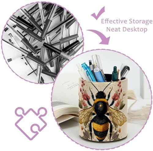 Faux Leather Pen Holder for Desk, Pencil Organizer Flower and Bee Pen Cup Desk Decor Makeup Brush Holder Storage for Office Home