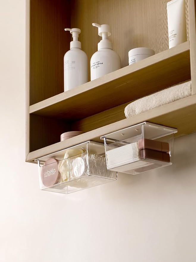 Medicine Cabinet Organizer Wall Mount,Small Pull-Out Organizer Box,Self-adhesive Under Medicine Cabinet Drawer Holder,Make Up Storage for Bathroom Mirror Cabinets, Clear
