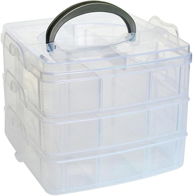 Kamay's Medium 3 Tier Stackable Adjustable Compartment Slot Bead Craft Jewellery Tool Storage Organiser Snap-lock Tray Container, with 18 Compartments, Container Box White