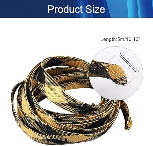 Jutagoss PET Expandable Braided Cable Sleeve, 16.4ft - 5/8 inch Black Yellow Cable Management Sleeve, Wire Loom Tube Cord Protector for USB Cable, Power Cord, Audio Video and More, 1Pc