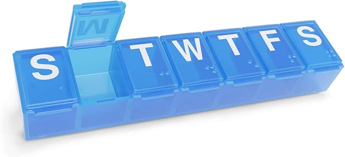 Ezy Dose Weekly (7-Day) Pill Organizer, Medium Planner, Blue, BPA-Free | Compact Daily Vitamin & Supplement Medicine Case, Pop Up Compartments, Convenient and Easy to Use, Travel-Friendly, BPA-Free