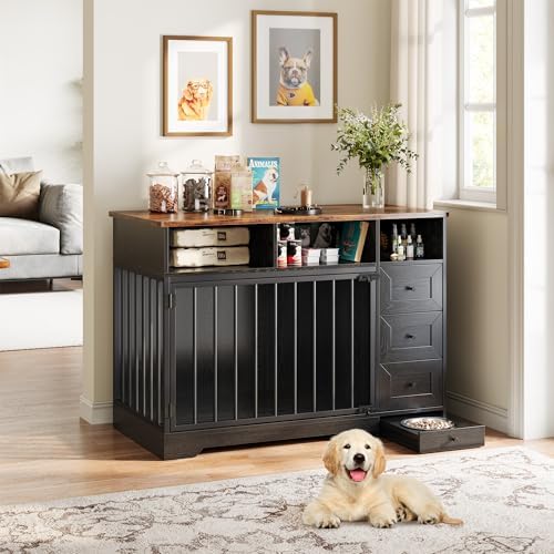 IDEALHOUSE 48'' Dog Crate Furniture with Bowl & Storage Drawers, Farmhouse Heavy Duty Dog Kennel Table for Small Medium Dogs, Indoor Wooden Dog Cage for Living Room, Entryway, Black