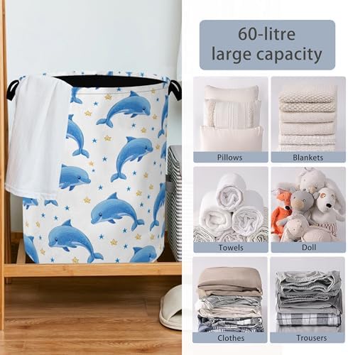 Cute Dolphins Laundry Basket,Stars Foldable Oxford Cloth Tote Bag Laundry Hamper Clothes Storage Bucket Organizer for Bedroom Laundry Storage Dormitories 16" x 20.8"