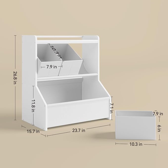 Kids Toy Storage Organizer with Wooden Display Shelf for Playroom & Nursery | Open shelves and removable bins encourage children to read, play and clean up independently, patent design