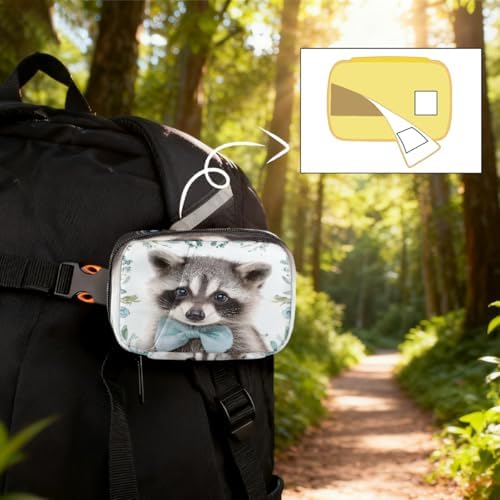 Weekly Pill Organizer Travel Size Bag with Removable 7 Day Pill Box Portable Vitamin Case Purse with Zipper,Raccoon Light Blue Bow