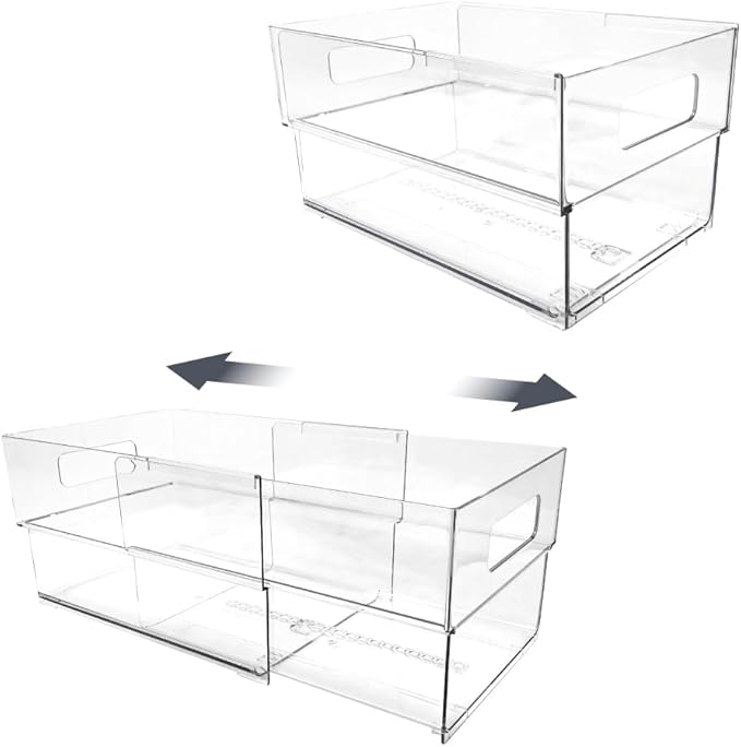 Isaac Jacobs 2-Pack Clear Expandable Storage Bins - Large | 11"-19" L x 7.8" W x 5.8" H, Plastic Organizer with Cut-Out Handles, Adjustable Length from 11-19" for Home, Kitchen & Office