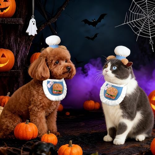 HOWWFALY Cat Halloween Costumes Pet Chef Hat &Hamburger Bib Costume Set, Funny Holiday Cooking Outfit for Small Medium Cats Pets