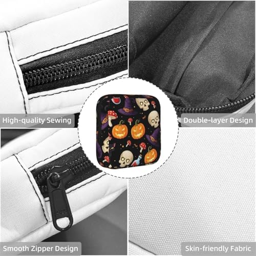 Portable Sanitary Napkin Pouch Halloween Gothic Witch Black Cat Bat Pumpkin Skull Mushroom, Cute Polyester Feminine Care Bag with Zipper, Ideal Gifts for Ladies Outdoor Travel