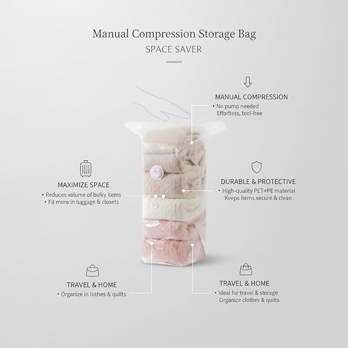 1 Pack Manual Compression Storage Bag, Space Saver with One-Way Valve for Travel and Closet Organization, Durable PET PE Material