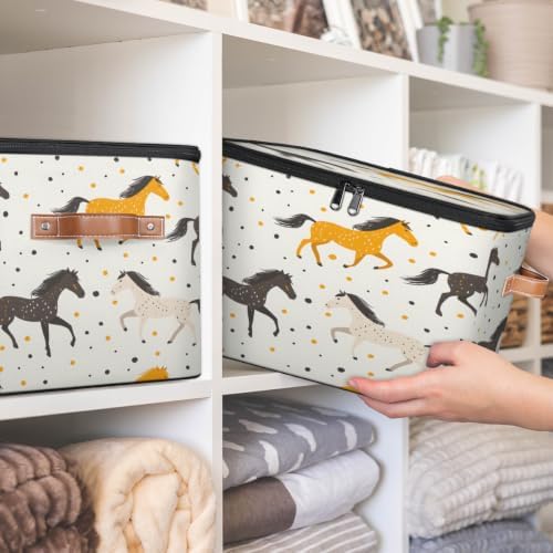 Horses Theme Storage Box with Zipper Lid | Collapsible, Fabric, Storage Bin, Handle, Large, Closet Organizer, Containers, Bedroom, Home, Horses