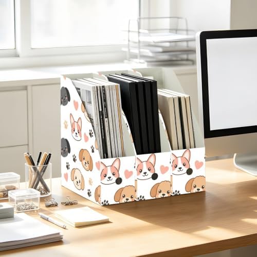 Emelivor Dogs Pets Puppies White Print Magazine Holder Set of 3 Desk File Organizer Water-resistant Vertical Folder Holder with Labels for Office Organization File Box for Classroom Library Home