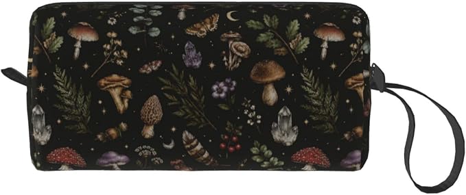 Dark Gothic Forest Botanical Makeup Bag for Women Mushroom | Small Travel Cosmetic Pouch with Zipper, Compact Makeup Organizer Bag for Purse, Toiletries, Skincare & Daily Essentials